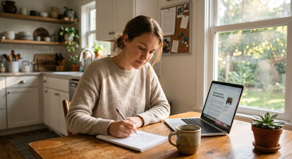 Woman writing a list of questions before choosing a naturopathic doctor.